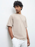 WES Lounge Beige Textured Relaxed-Fit Cotton T-Shirt