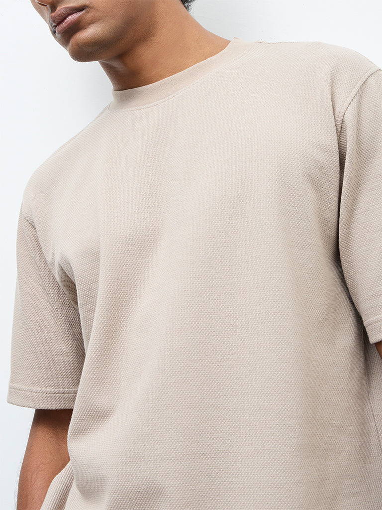 WES Lounge Beige Textured Relaxed-Fit Cotton T-Shirt