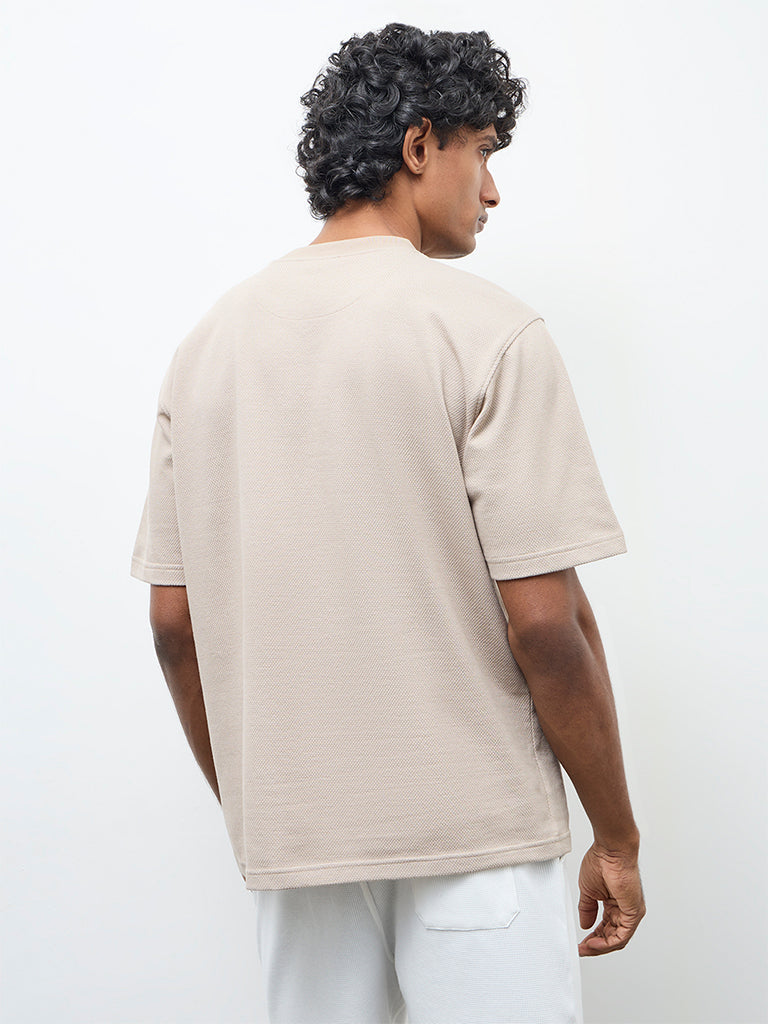 WES Lounge Beige Textured Relaxed-Fit Cotton T-Shirt