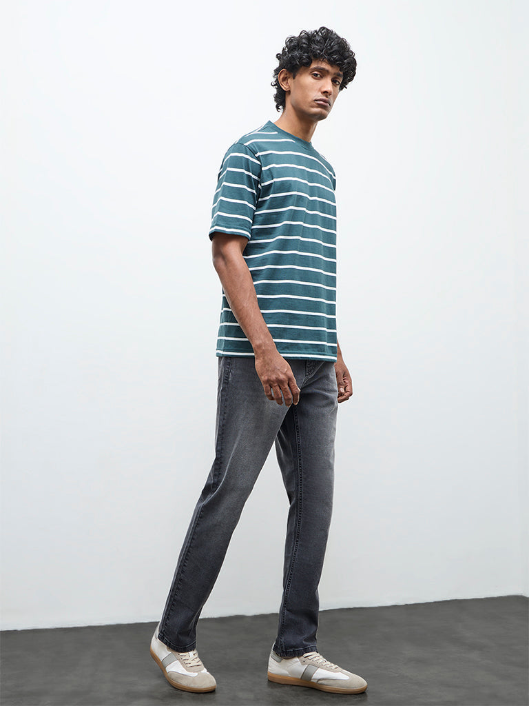 WES Lounge Green Striped Relaxed-Fit Cotton T-Shirt