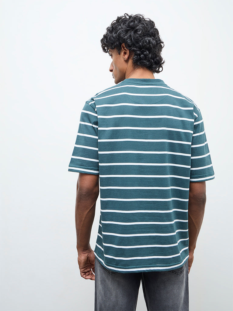 WES Lounge Green Striped Relaxed-Fit Cotton T-Shirt