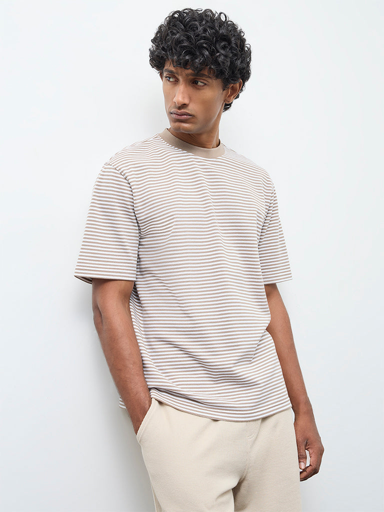 WES Lounge Beige Striped Relaxed-Fit Cotton T-Shirt
