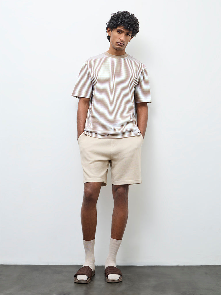 WES Lounge Beige Striped Relaxed-Fit Cotton T-Shirt