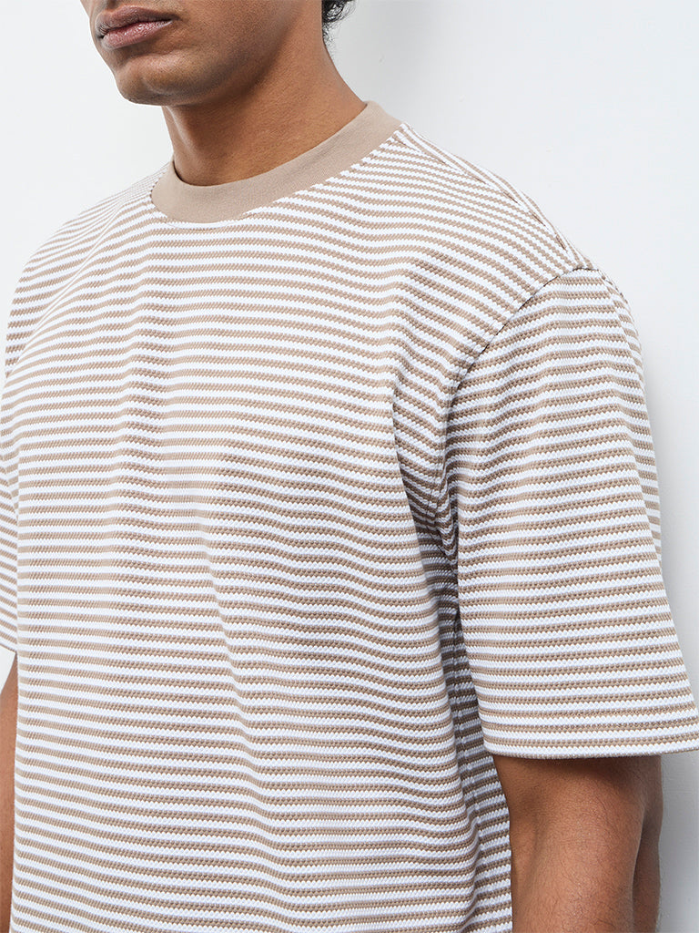 WES Lounge Beige Striped Relaxed-Fit Cotton T-Shirt
