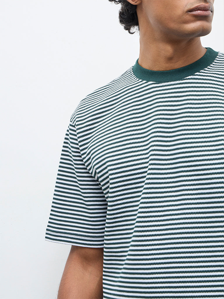 WES Lounge Green Striped Relaxed-Fit Cotton T-Shirt