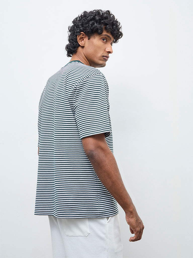 WES Lounge Green Striped Relaxed-Fit Cotton T-Shirt
