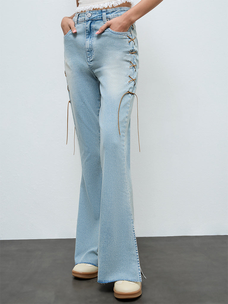 Nuon Light Blue Criss-Cross Bootcut High-Rise Jeans