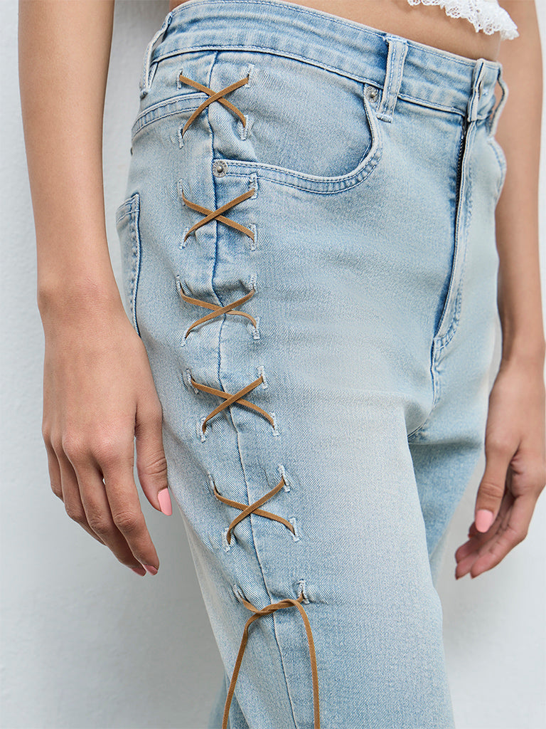 Nuon Light Blue Criss-Cross Bootcut High-Rise Jeans