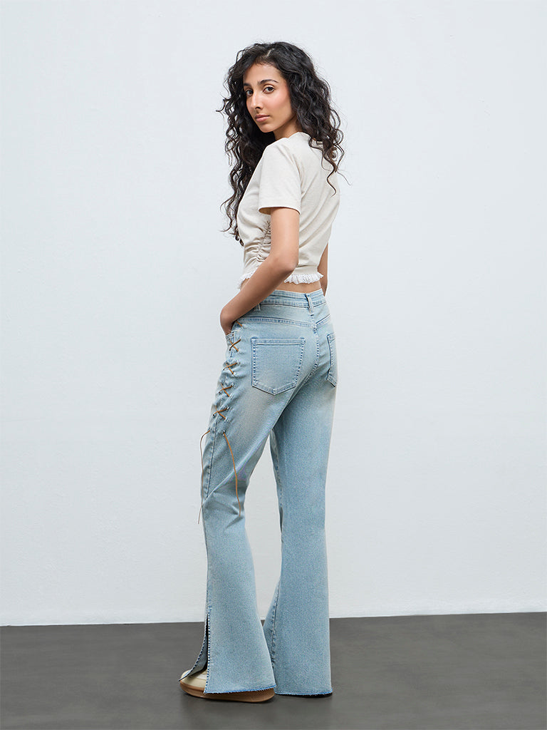 Nuon Light Blue Criss-Cross Bootcut High-Rise Jeans