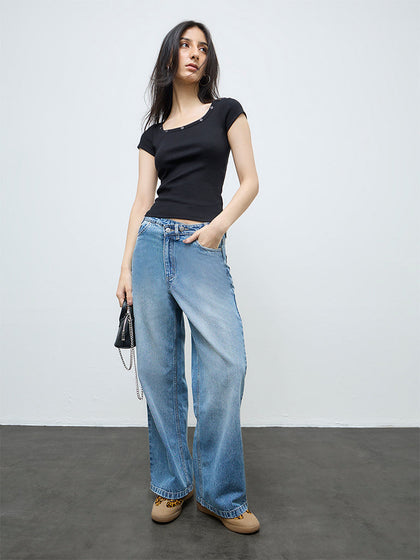 Nuon Blue Washed High-Rise Flared Jeans