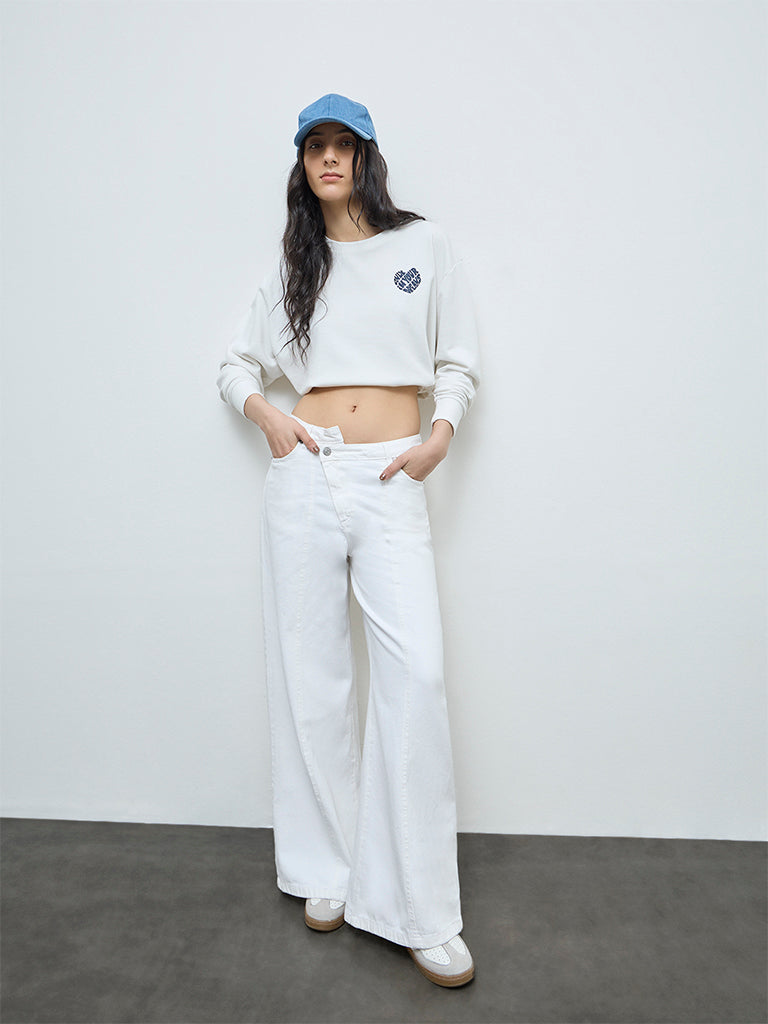 Nuon White High-Rise Flared Cotton Jeans