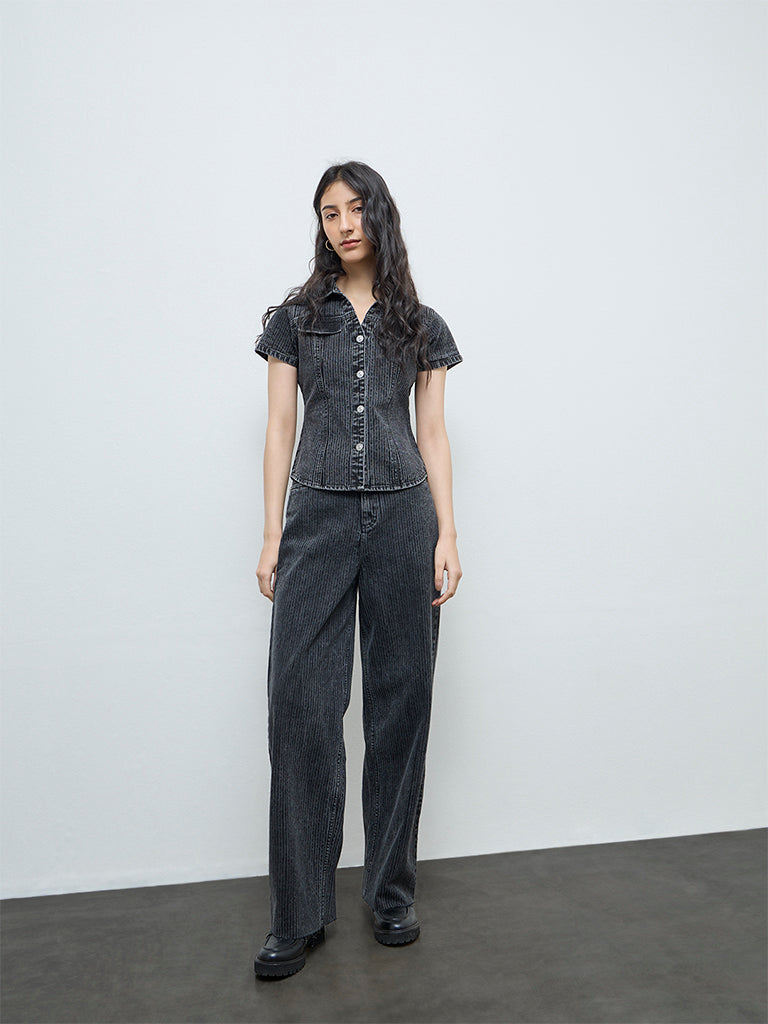 Nuon Black Self-Striped High-Rise Cotton Jeans