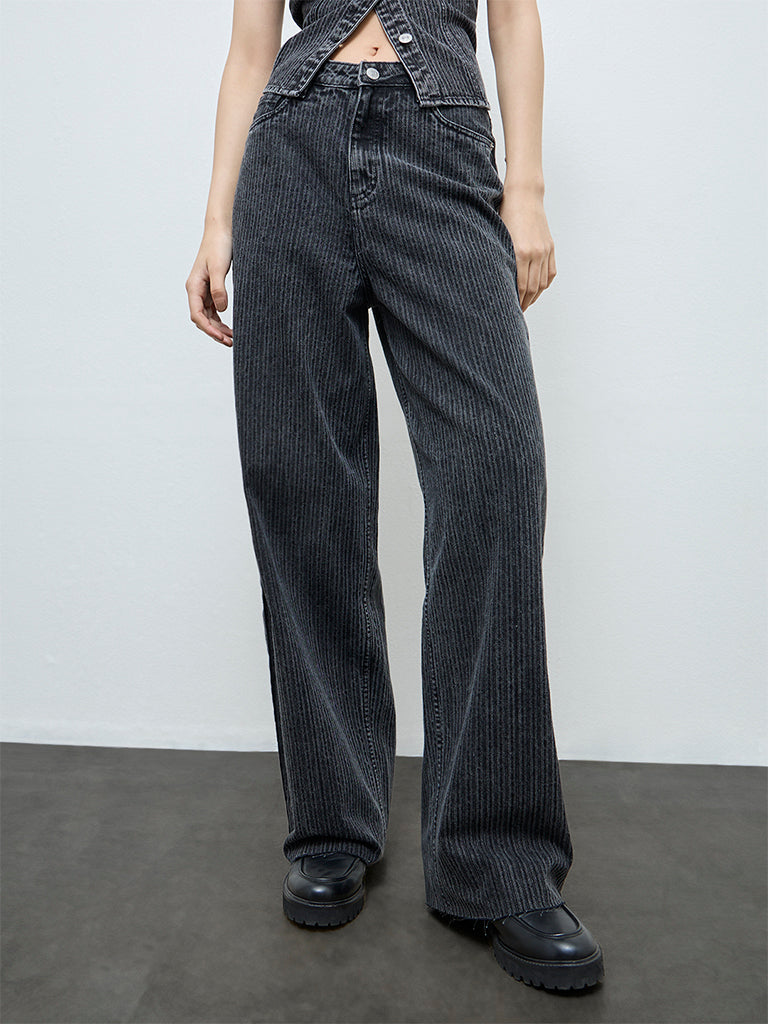 Nuon Black Self-Striped High-Rise Cotton Jeans