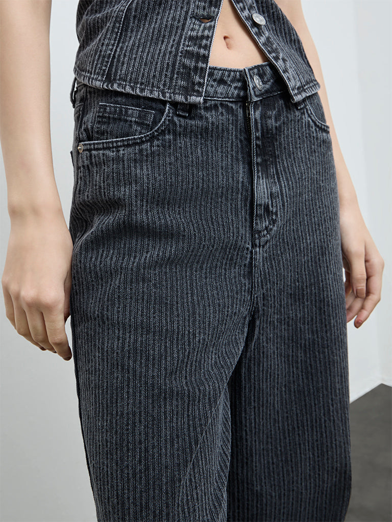 Nuon Black Self-Striped High-Rise Cotton Jeans
