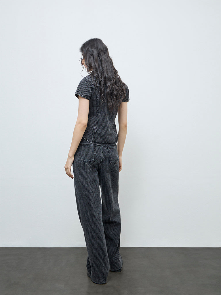 Nuon Black Self-Striped High-Rise Cotton Jeans