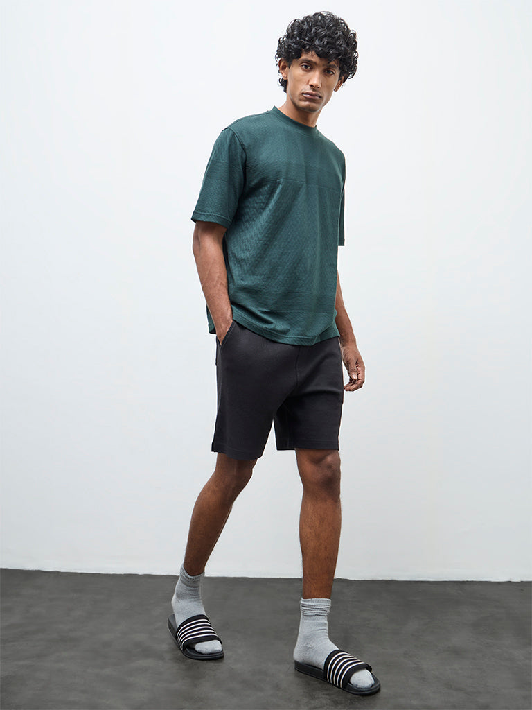 WES Lounge Black Waffle-Textured Relaxed-Fit Mid-Rise Cotton-Blend Shorts
