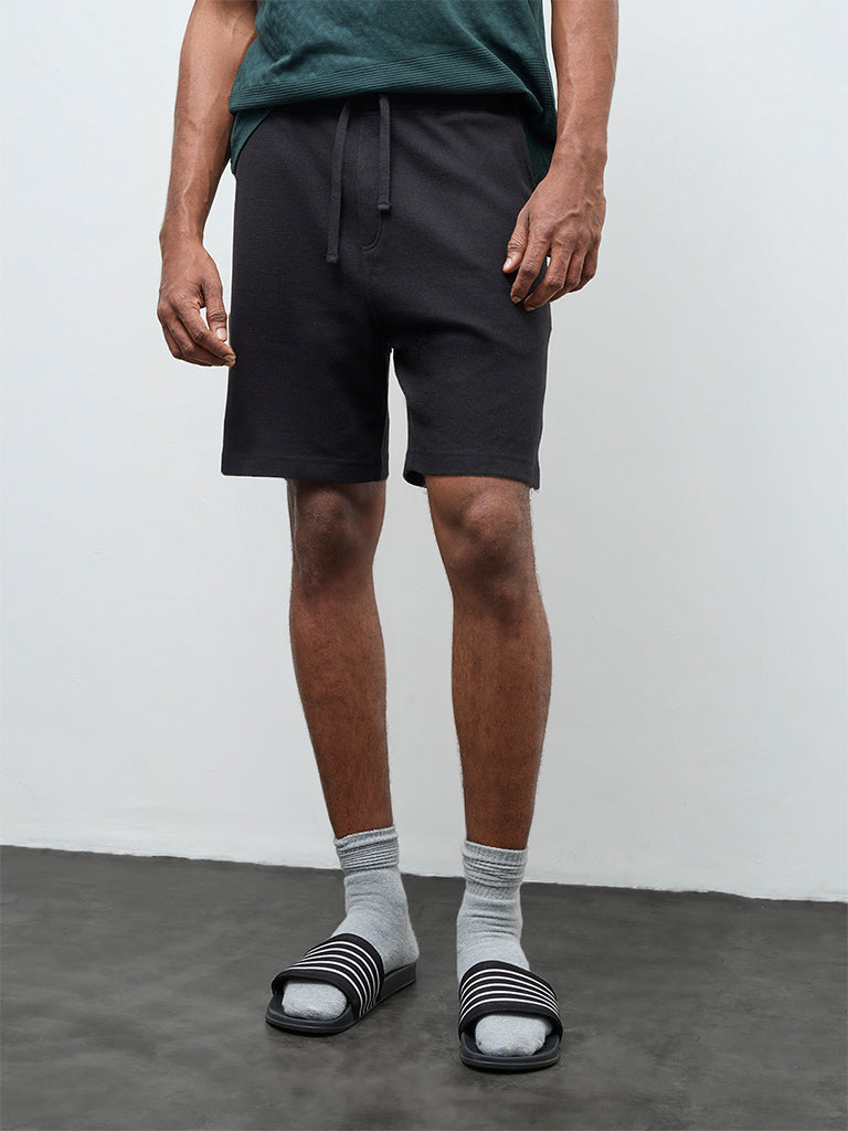 WES Lounge Black Waffle-Textured Relaxed-Fit Mid-Rise Cotton-Blend Shorts