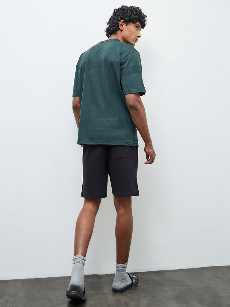WES Lounge Black Waffle-Textured Relaxed-Fit Mid-Rise Cotton-Blend Shorts