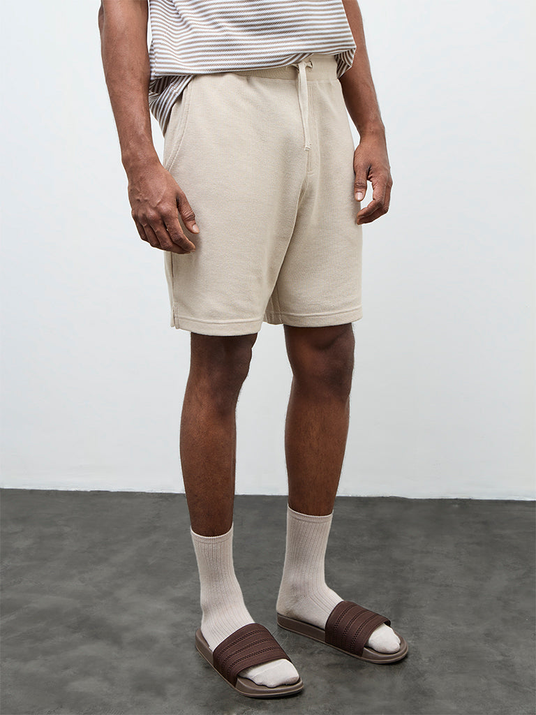 WES Lounge Beige Waffle-Textured Relaxed-Fit Mid-Rise Cotton-Blend Shorts