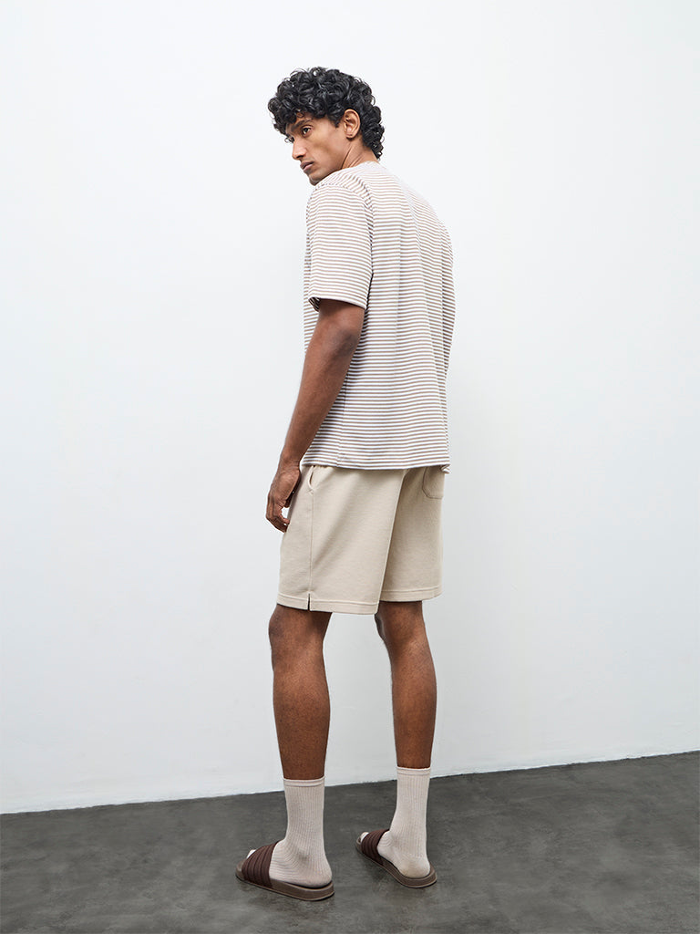 WES Lounge Beige Waffle-Textured Relaxed-Fit Mid-Rise Cotton-Blend Shorts