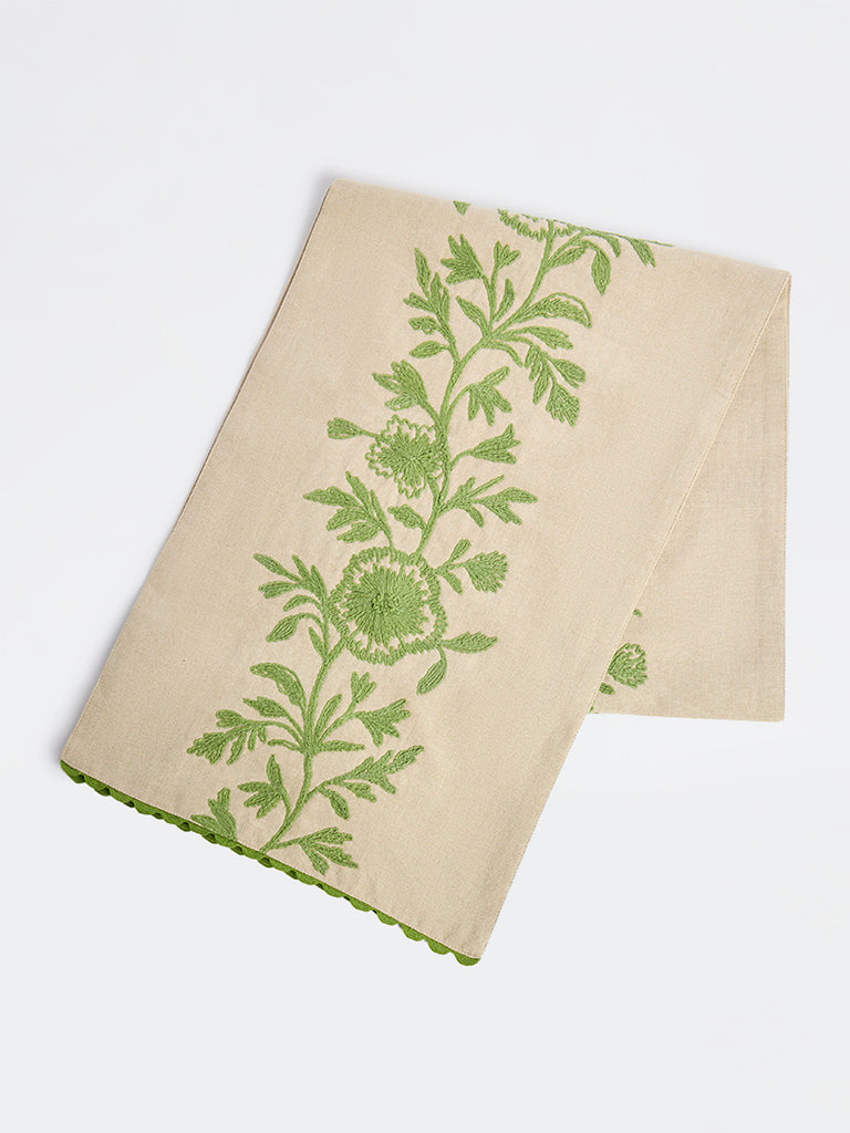 Westside Home Beige Floral Embroidered Table Runner