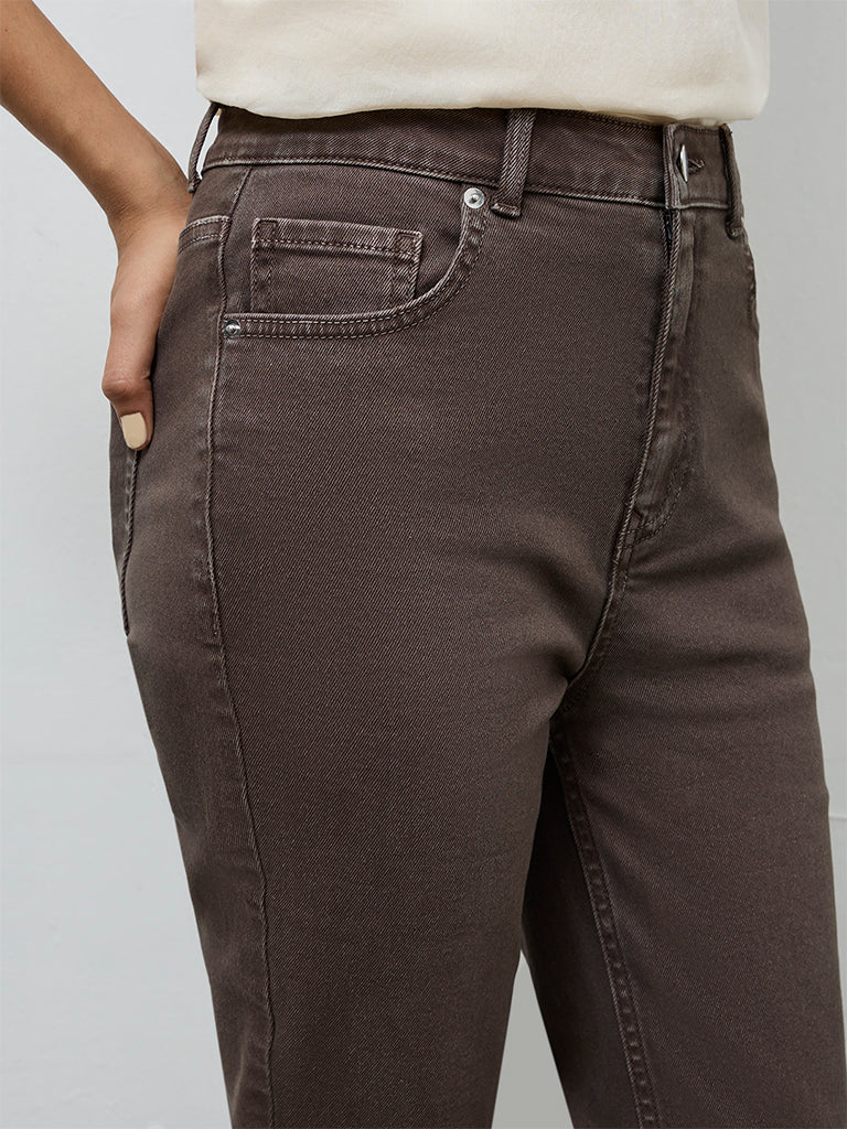 LOV Dark Brown Solid High-Rise Jeans
