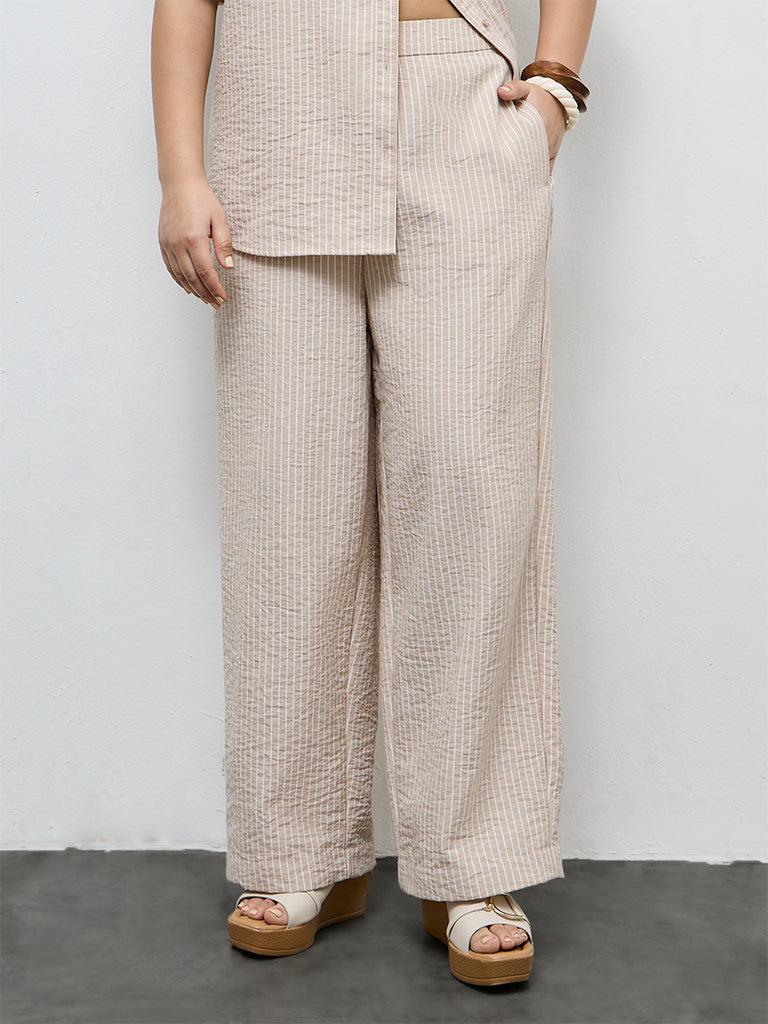 Gia Beige Striped High-Rise Trousers
