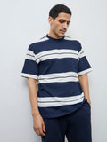 WES Lounge Navy Striped Relaxed-Fit Cotton-Blend T-Shirt