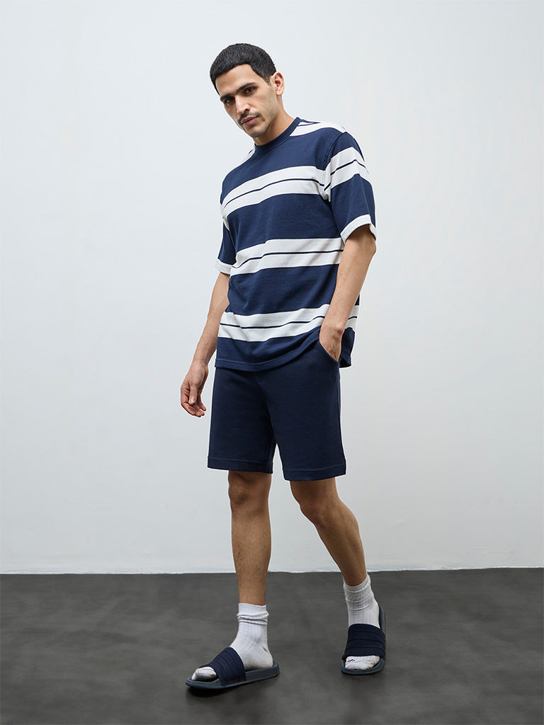 WES Lounge Navy Striped Relaxed-Fit Cotton-Blend T-Shirt