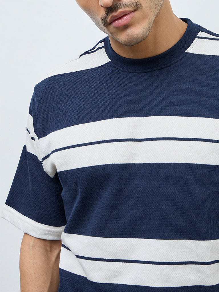 WES Lounge Navy Striped Relaxed-Fit Cotton-Blend T-Shirt