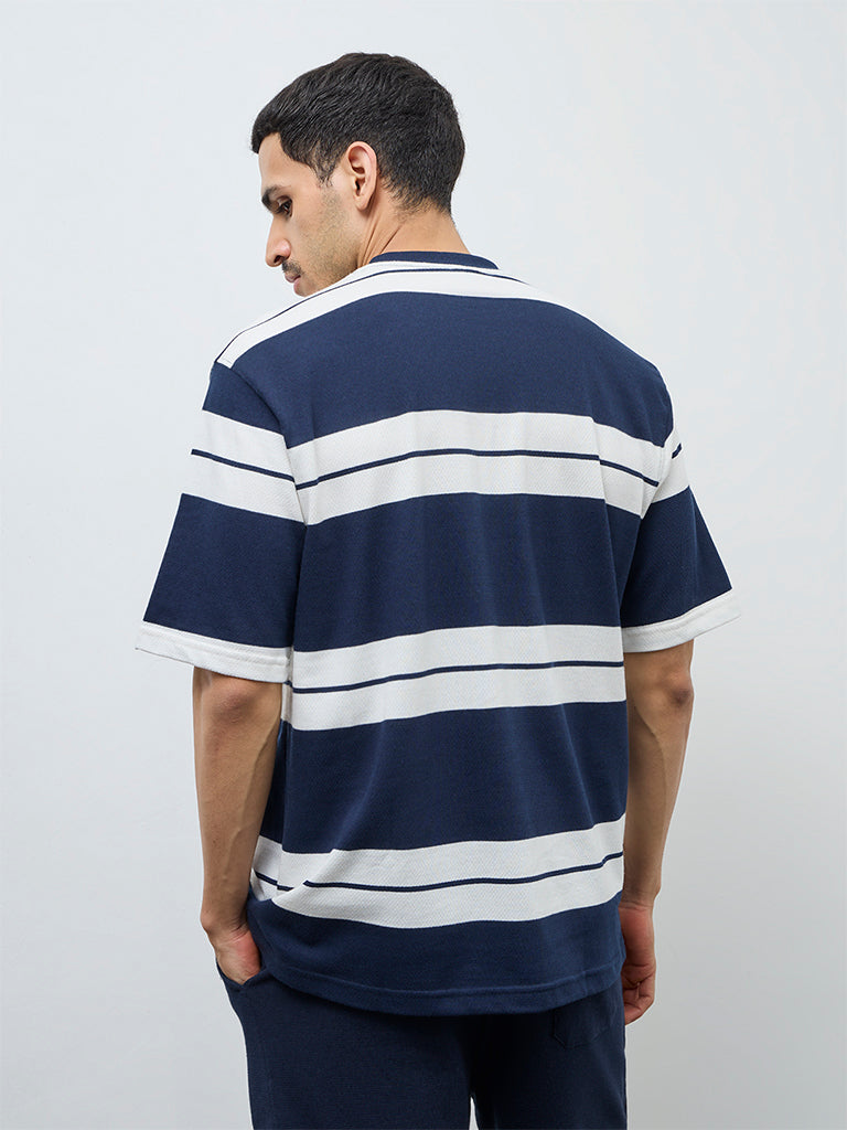 WES Lounge Navy Striped Relaxed-Fit Cotton-Blend T-Shirt