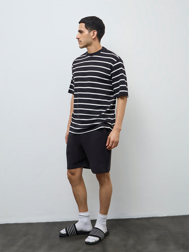WES Lounge Black Striped Relaxed-Fit Cotton-Blend T-Shirt