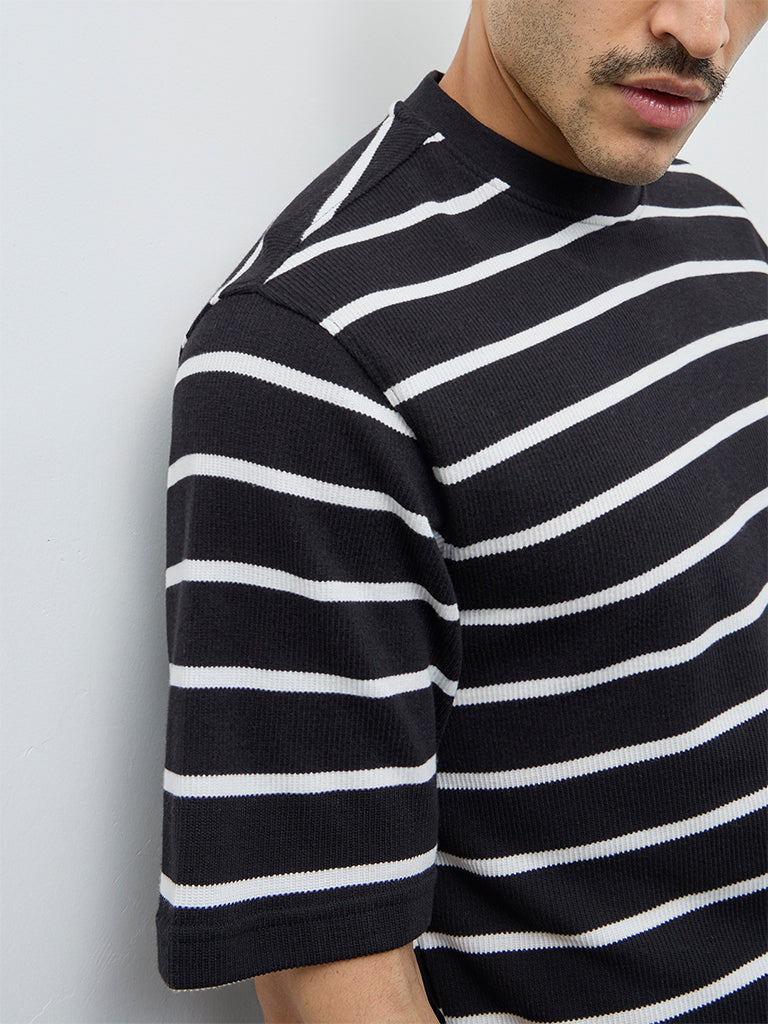 WES Lounge Black Striped Relaxed-Fit Cotton-Blend T-Shirt