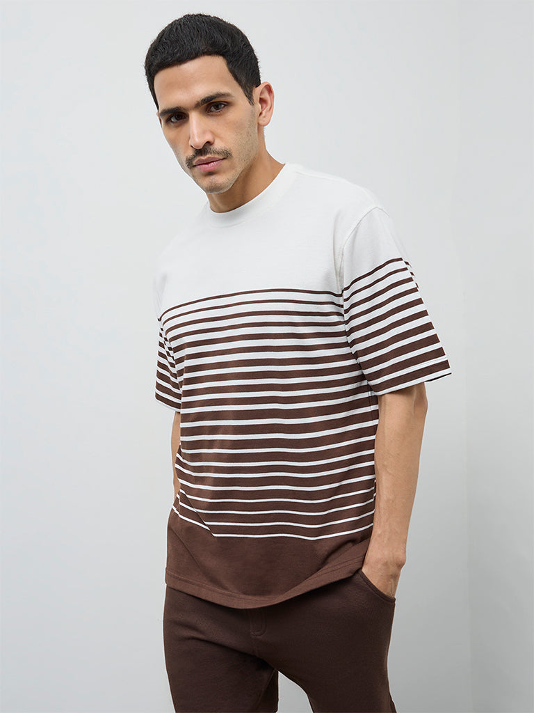 WES Lounge Brown Striped Relaxed-Fit Cotton-Blend T-Shirt