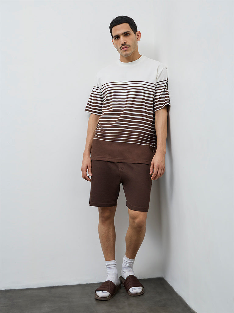 WES Lounge Brown Striped Relaxed-Fit Cotton-Blend T-Shirt