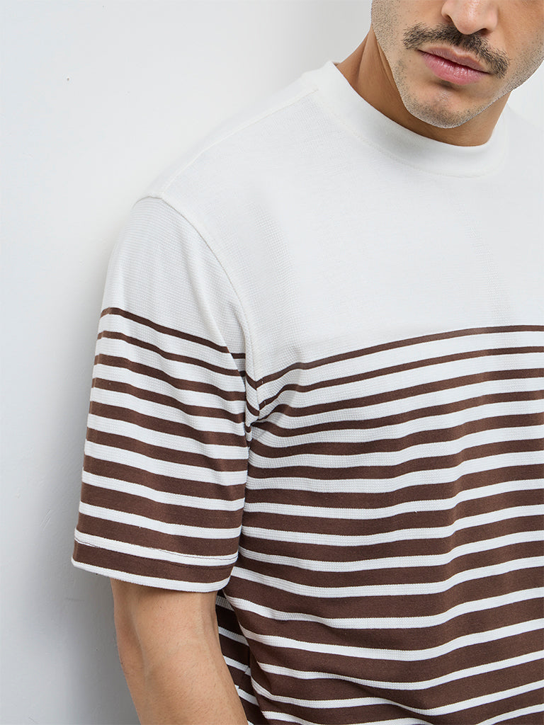 WES Lounge Brown Striped Relaxed-Fit Cotton-Blend T-Shirt