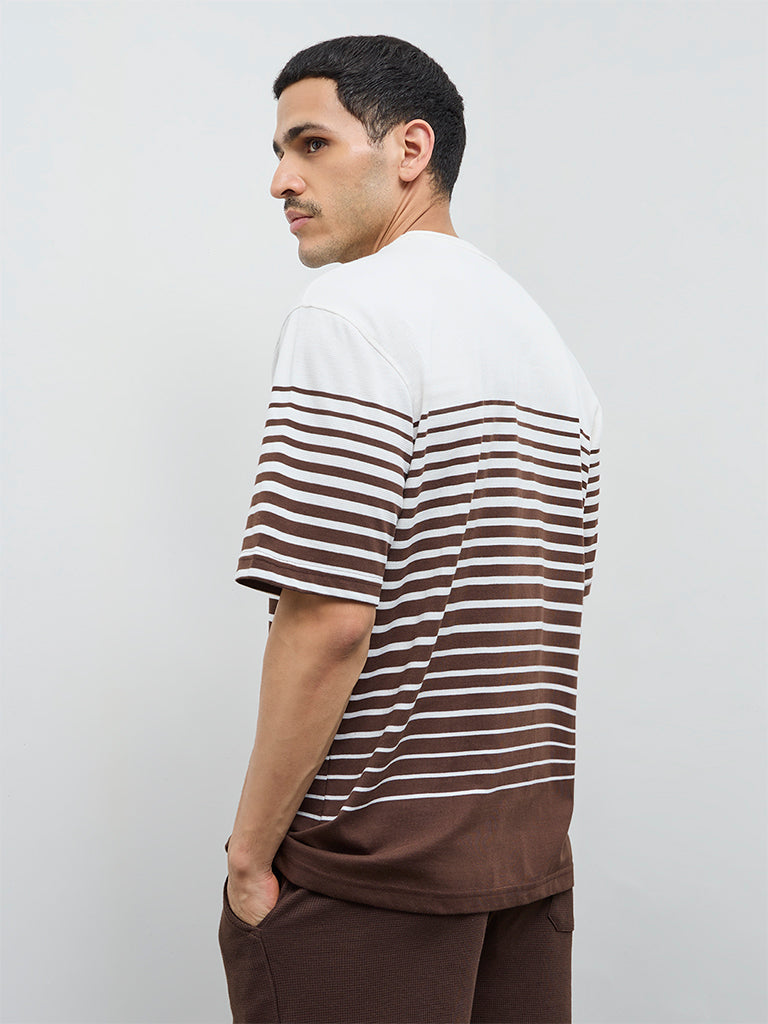 WES Lounge Brown Striped Relaxed-Fit Cotton-Blend T-Shirt