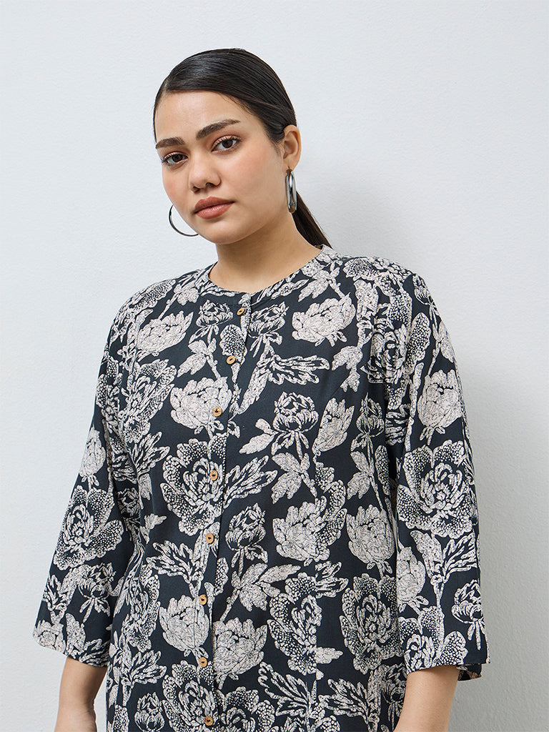 Diza Black Botanical Design A-Line Kurta