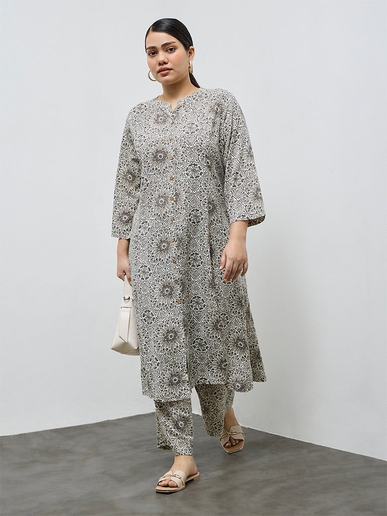 Diza Taupe Floral Design A-Line Kurta