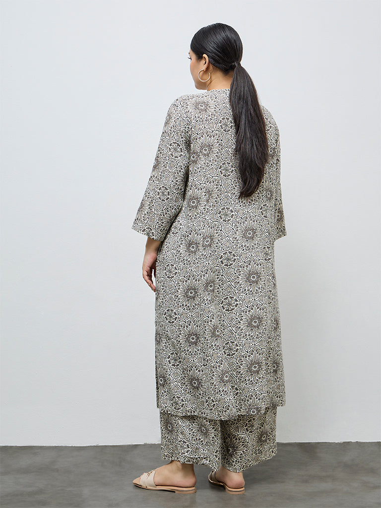 Diza Taupe Floral Design A-Line Kurta