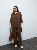 Gia Brown Crinkle Textured High-Rise Cotton Trousers