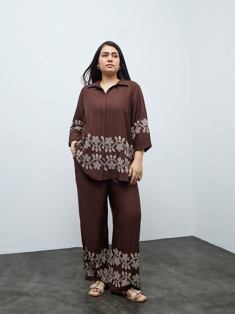 Gia Dark Brown Floral Embroidered High-Rise Pants