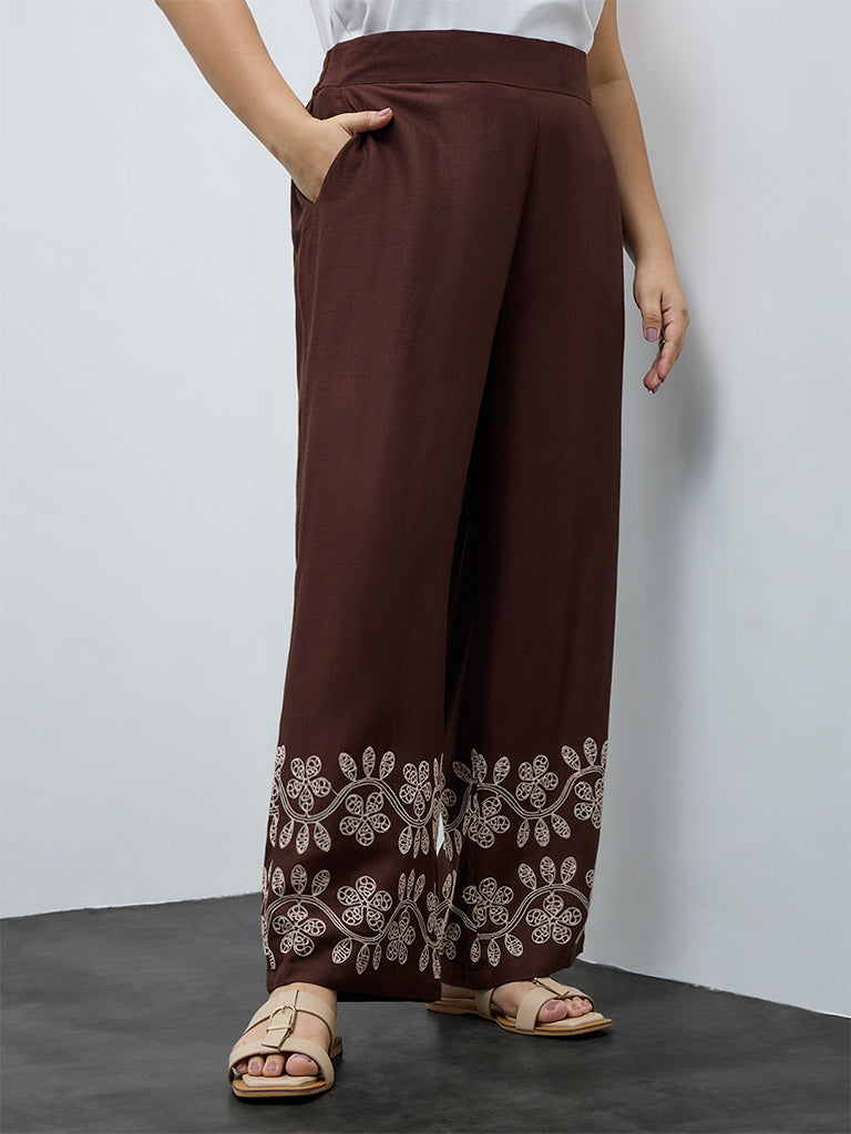 Gia Dark Brown Floral Embroidered High-Rise Pants
