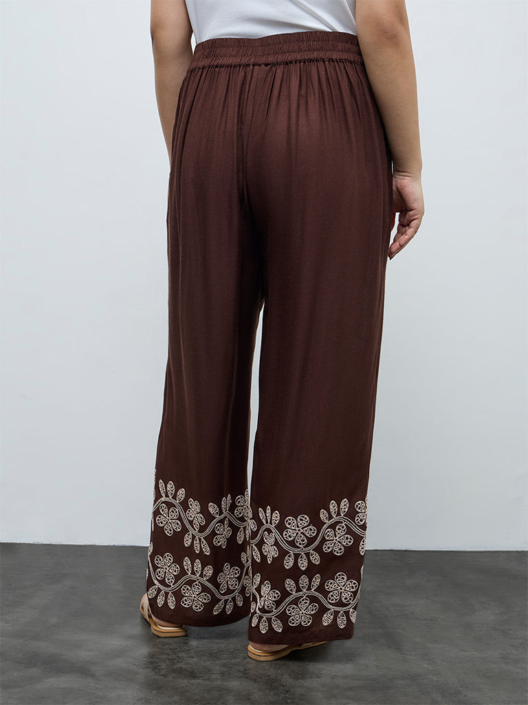 Gia Dark Brown Floral Embroidered High-Rise Pants