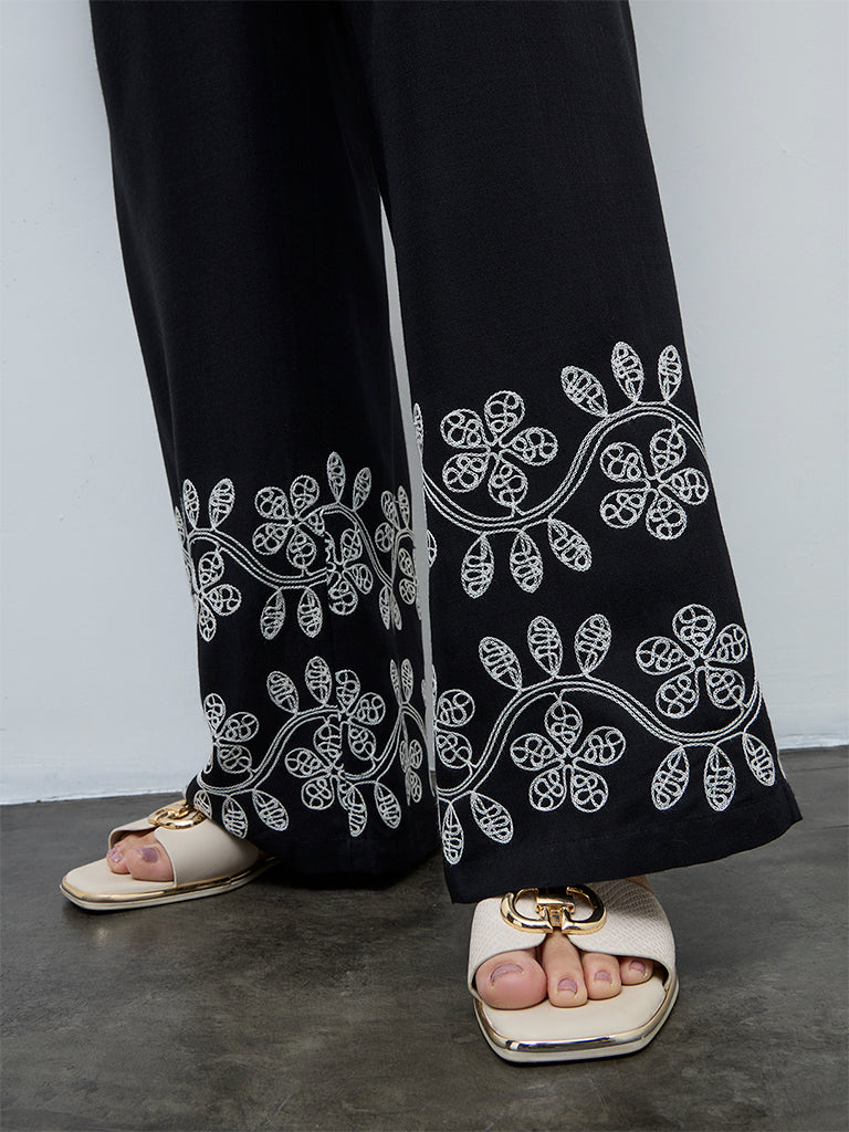 Gia Black Floral Embroidered High-Rise Pants