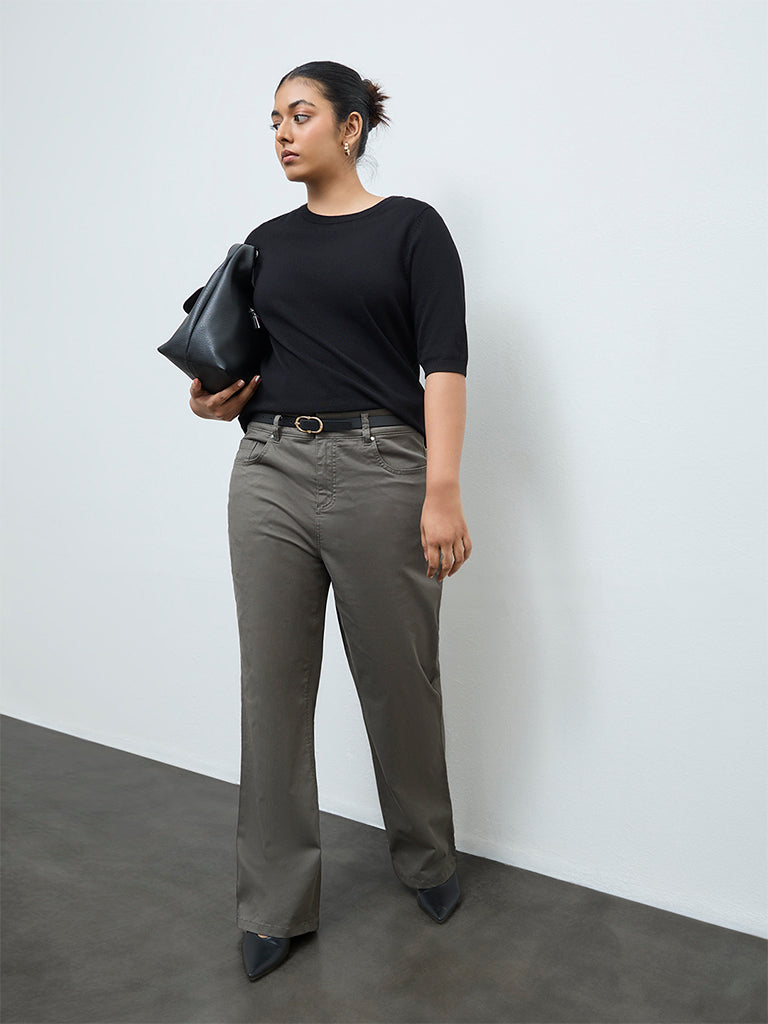 Gia Olive Solid High-Rise Cotton-Blend Trousers