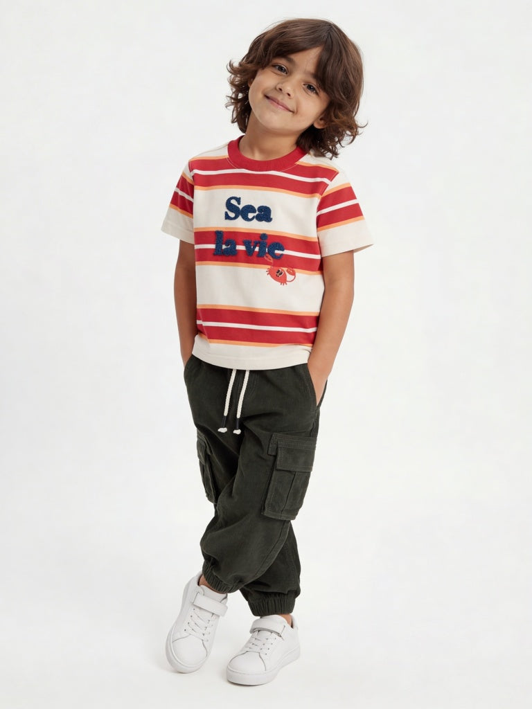 HOP Kids Boys Red Striped Cotton T-Shirt