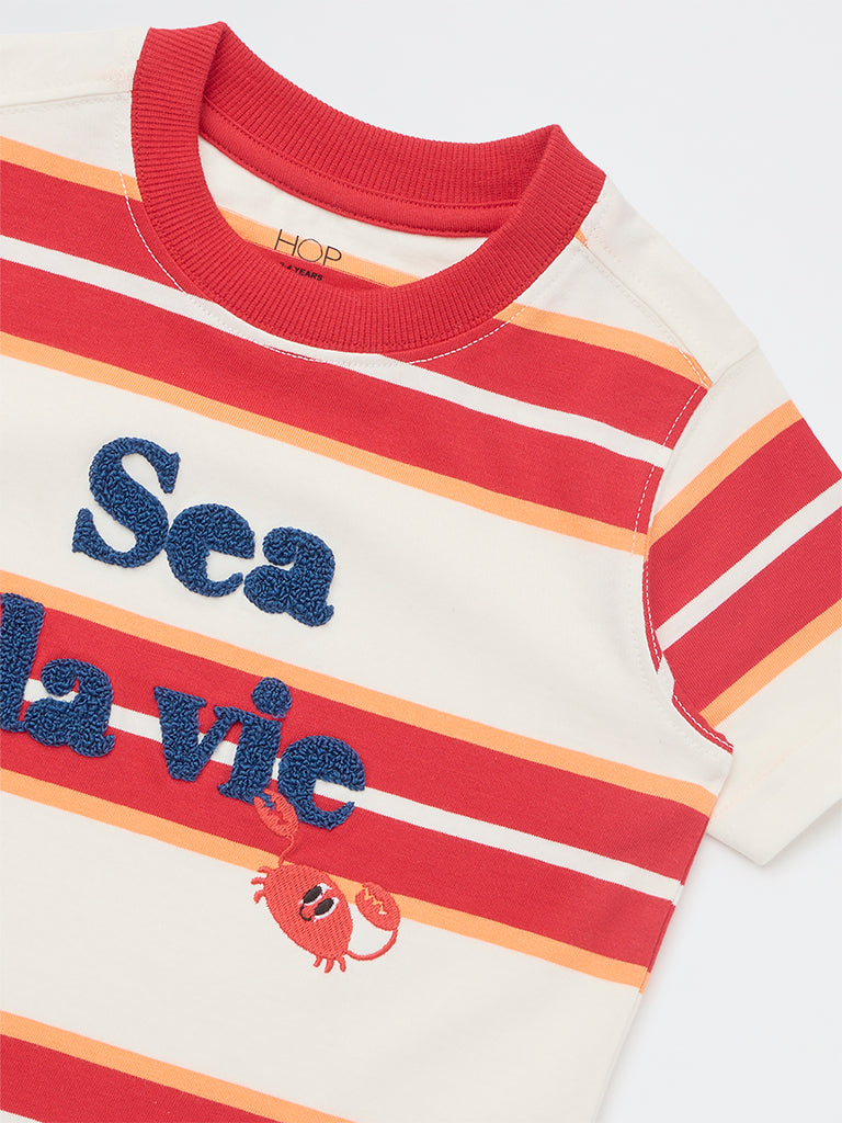 HOP Kids Boys Red Striped Cotton T-Shirt