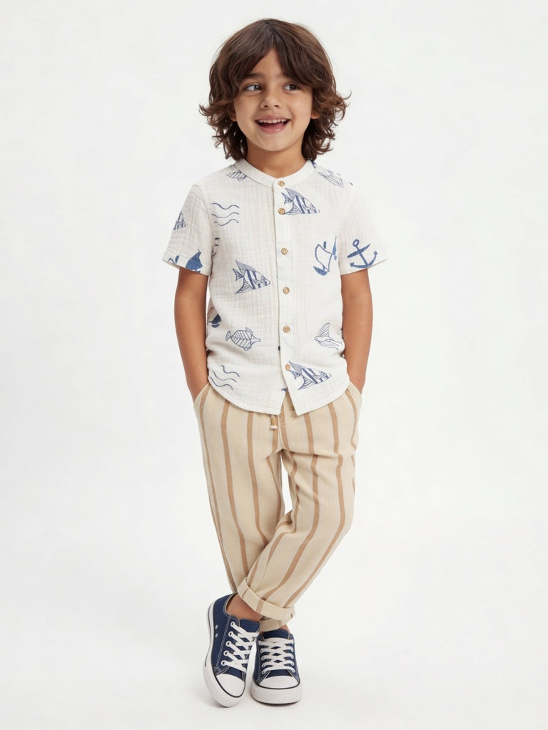 HOP Kids Boys White Sea-Inspired Cotton Shirt