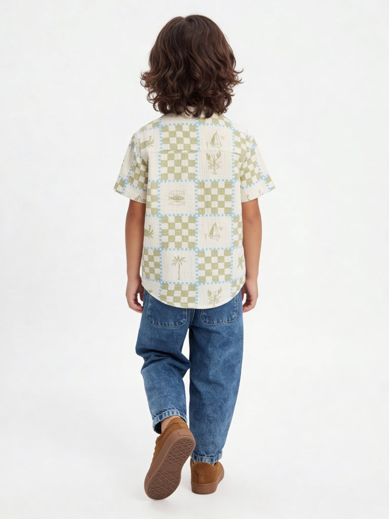 HOP Kids Boys Off-White Printed Cotton Shirt